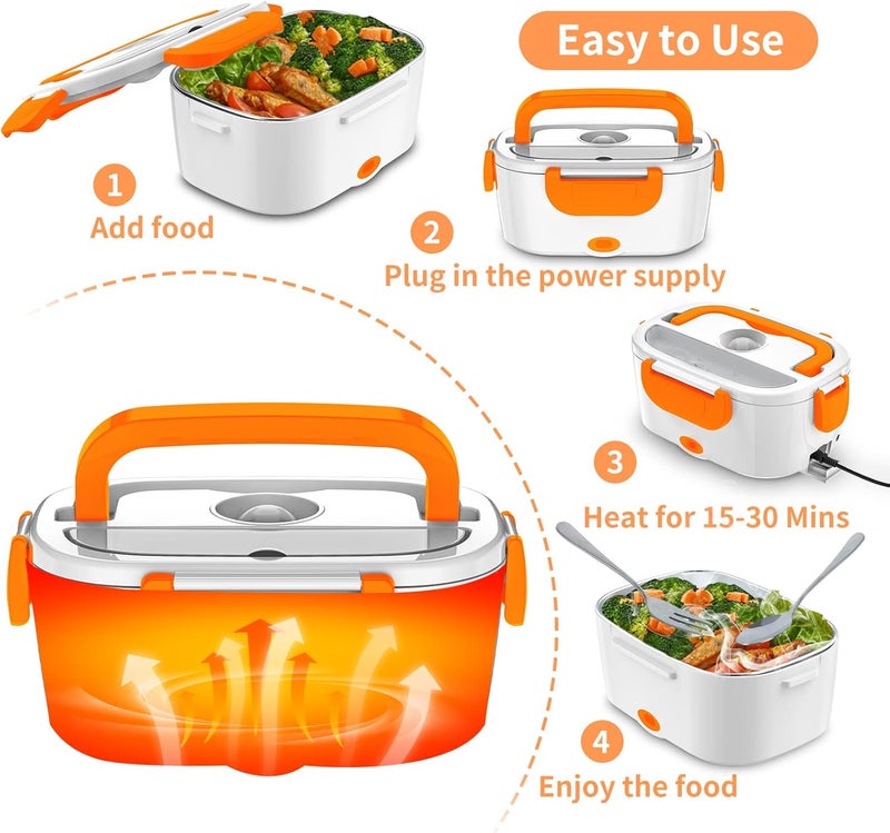 CHARMDOO Electric Lunch Box, Food Warmer Heater 12V 24V 110V, 80W Faster Heated Lunch Box for Car/Truck/Home Portable Heating Boxes with 1.5L 304 SS Container Fork & Spoon, White+Orange - Image 5